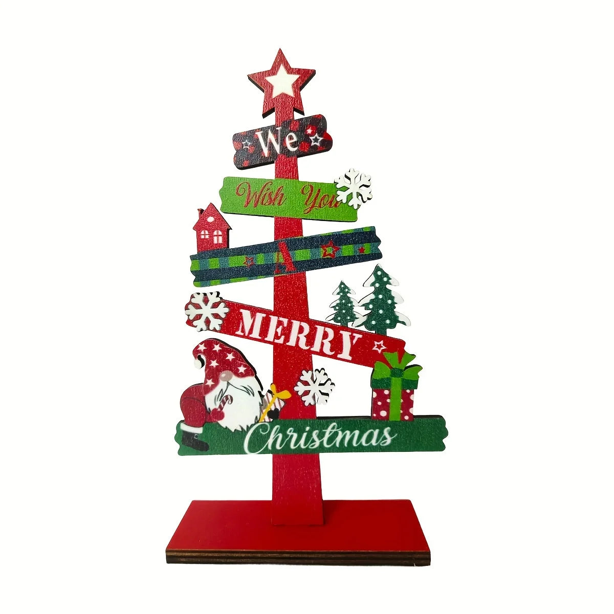 A small wooden Christmas tree with holiday decorations, Santa Claus, and gift designs, made of wood for holiday decorations