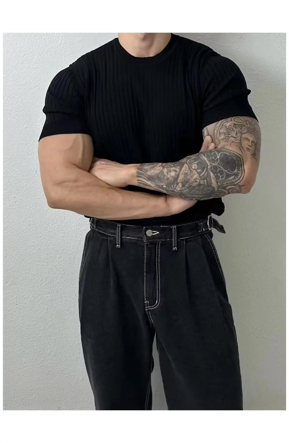 Men T-Shirts Summer Casual Fashion Quick-Drying Elastic Short Sleeve Gym Sports Fitness Bottoming Shirt Vertical Stripe T-Shirt