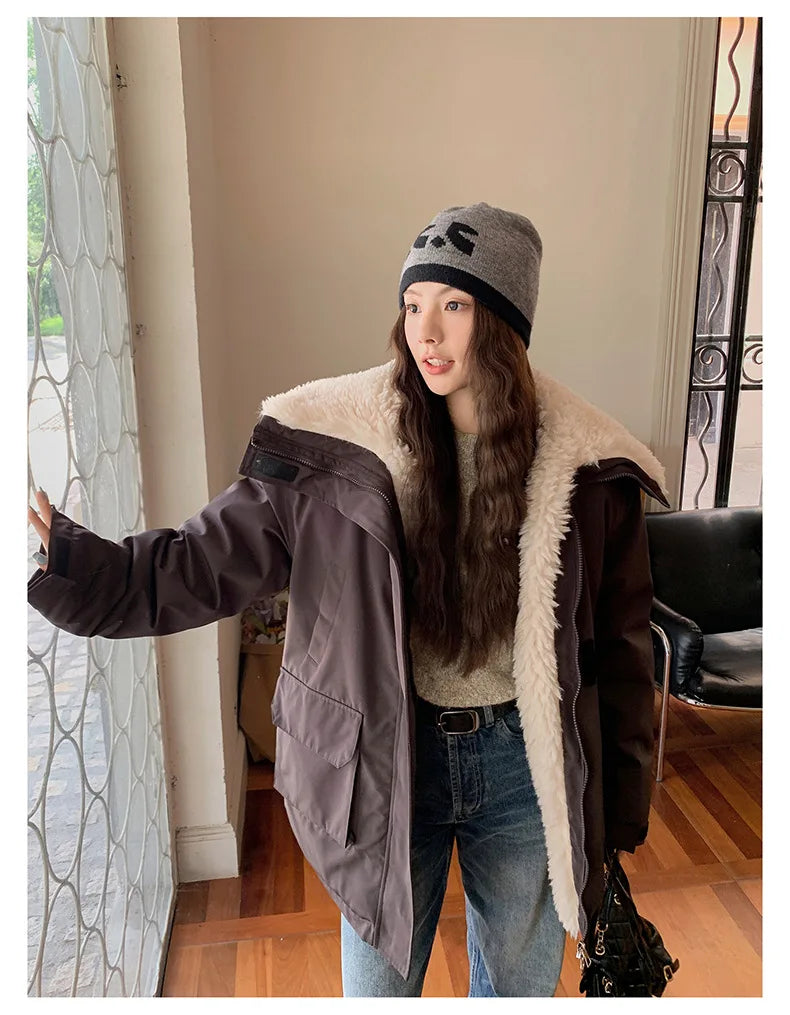 Women Parkas Short Coats Jackets Turn Down Collar Thick Warm Y2k Streetwear Elegant Jacket Work Coat Autumn Winter 2025
