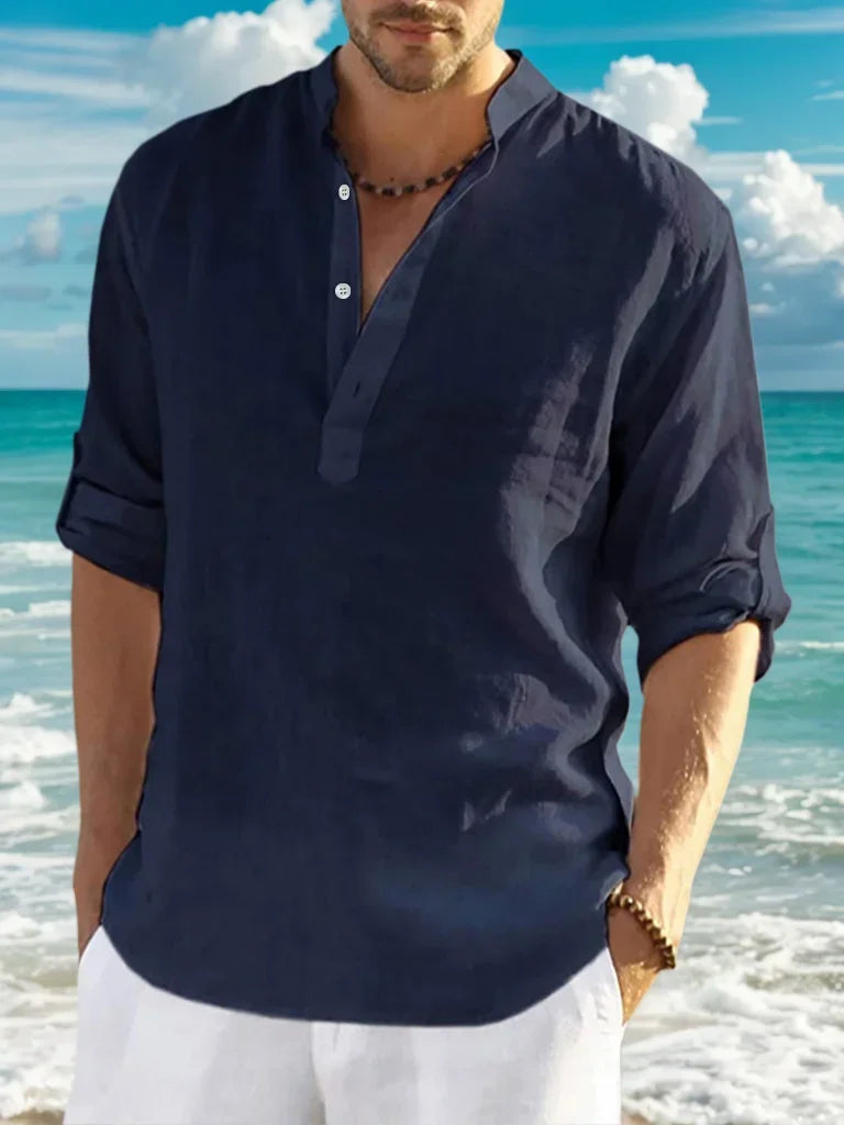 Men'sshirt Classic Casual Stand-up Collar Long-sleeved V-neck Shirt Sleeve Split-sleeved Light Breathable Beach Vacation T-shirt