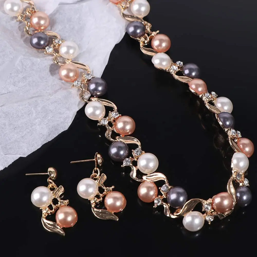 Exquisite Elegant Pearl Necklace Rhinestone Metal Colorful Pearl Necklace Dangle Earrings Leaf Necklace Earrings Set Gift