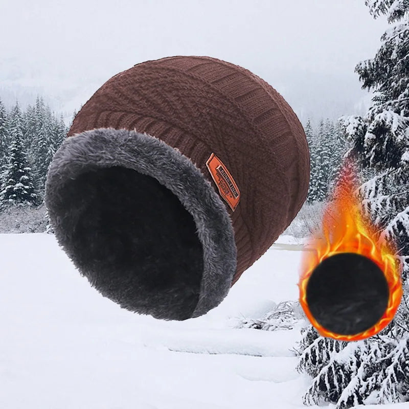 Winter Hat For Men Fleece Scarf Women Neck Leather Knitted Cap Thick Wool Neck Warmer Balaclava Ski Mask Skullies Beanies