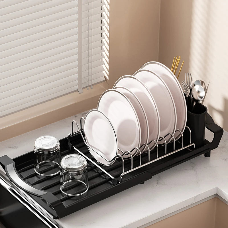 Kitchen Dish Storage Rack Retractable Dish Rack Kitchen Organizer Rack Countertop for Dishes and Chopsticks Drain Basket