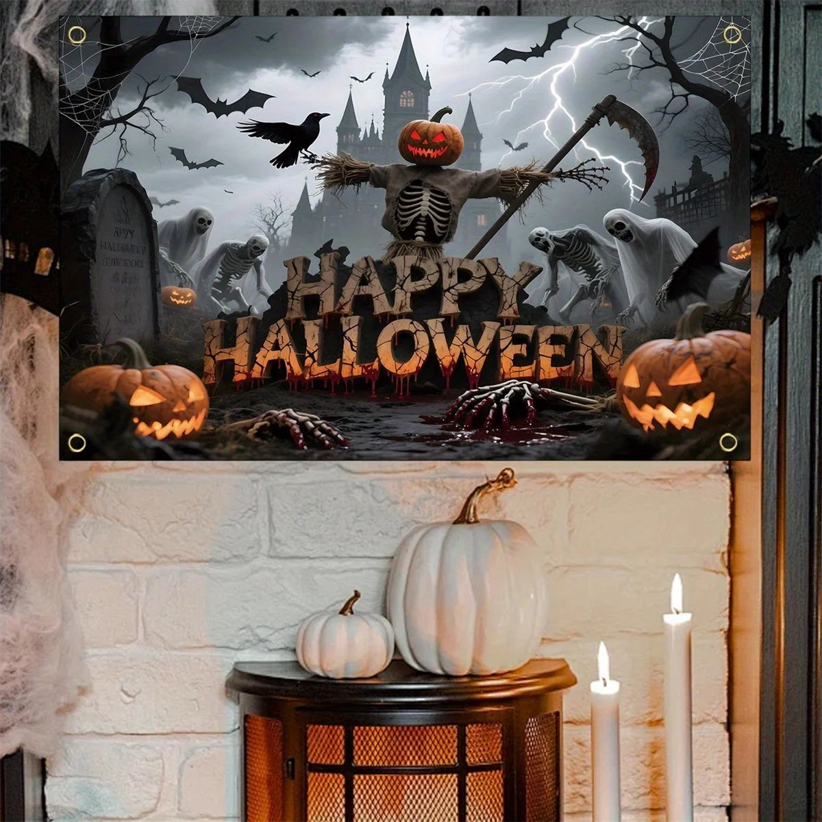 Halloween background: Colorful and eerie pumpkin, scared mouse, bat, dead tree, skull pattern Halloween wall banner