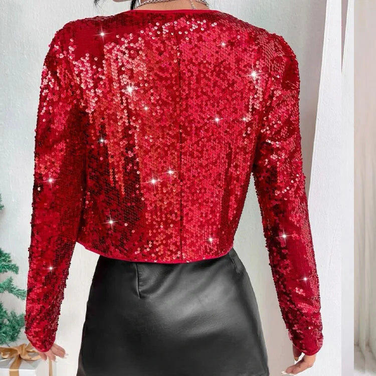 Women's Fashion Stage Top Jacket Red Coats Trendy Rock Style Round Neck Short Sequined Outerwear Куртки Gothic Clothes Women