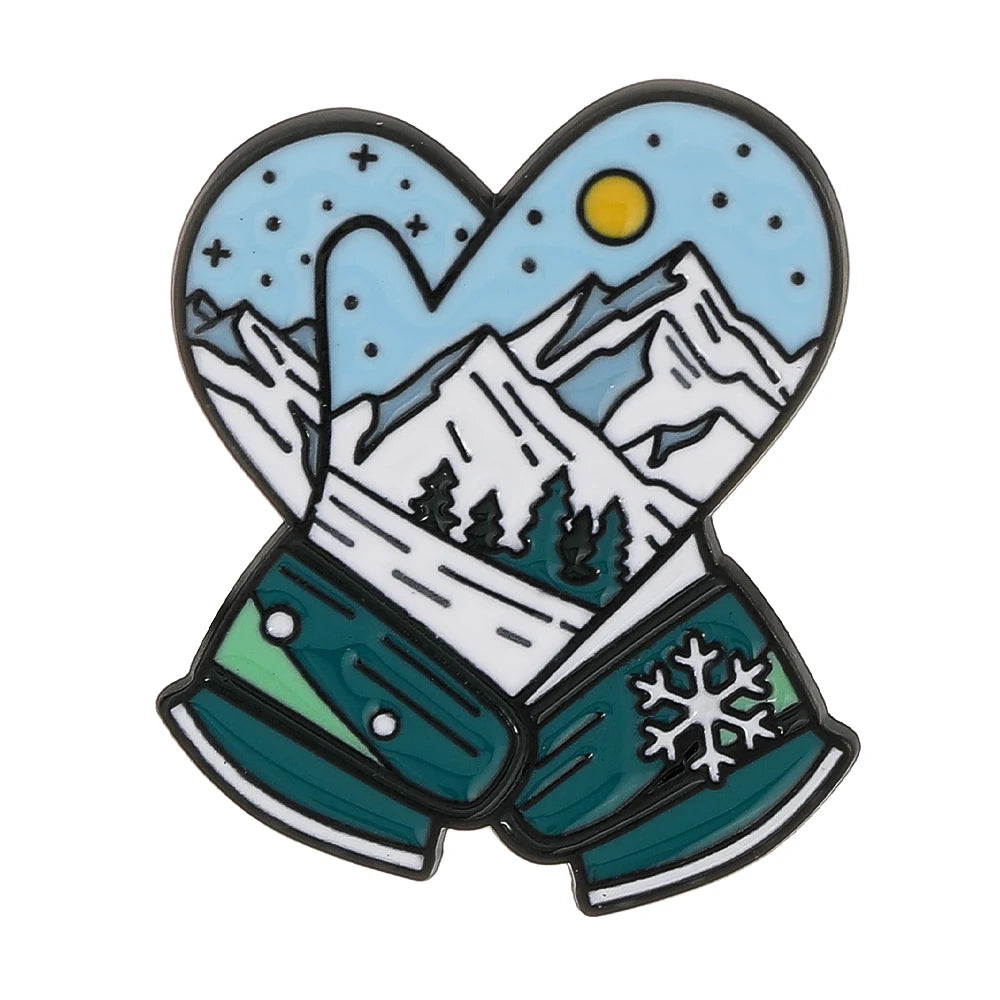 Winter Skiing Equipment Design Enamel Pins Snow Mountain Pattern Snowboard Helmet Snow Goggles Glove Shaped Brooches
