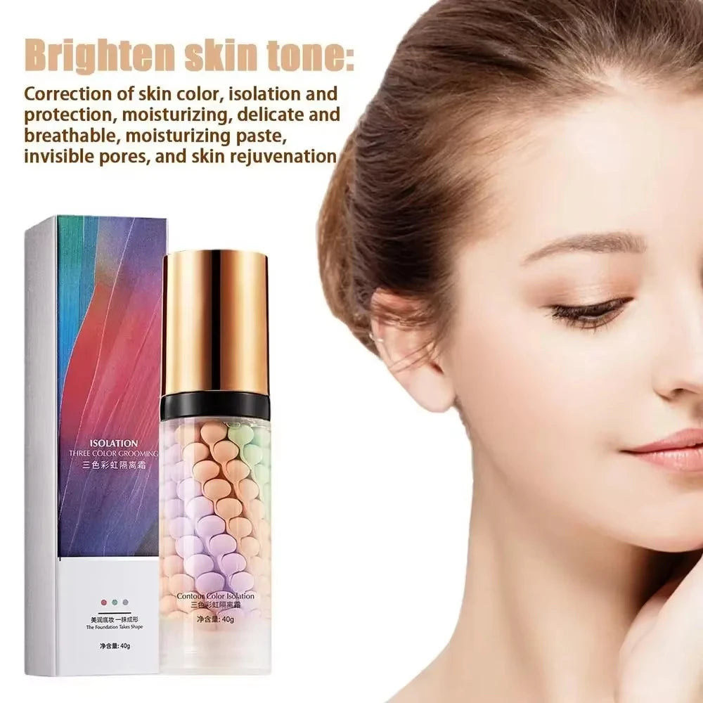 40g Face Makeup Primer Tri-color Cream Brighten Contour Color Isolation Waterproof Makeup Foundation Natural Makeup Base Cream
