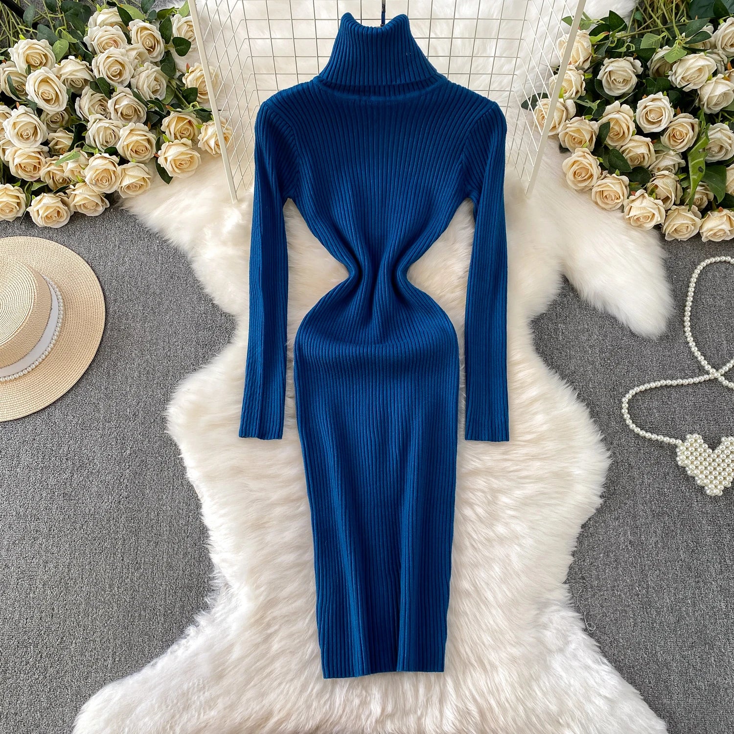 Women Winter Turtleneck Knittign Dress Stretch Slim Long Sleeve Soft Knitwear Dresses Female Casual Lining Simple Bottom Vestido