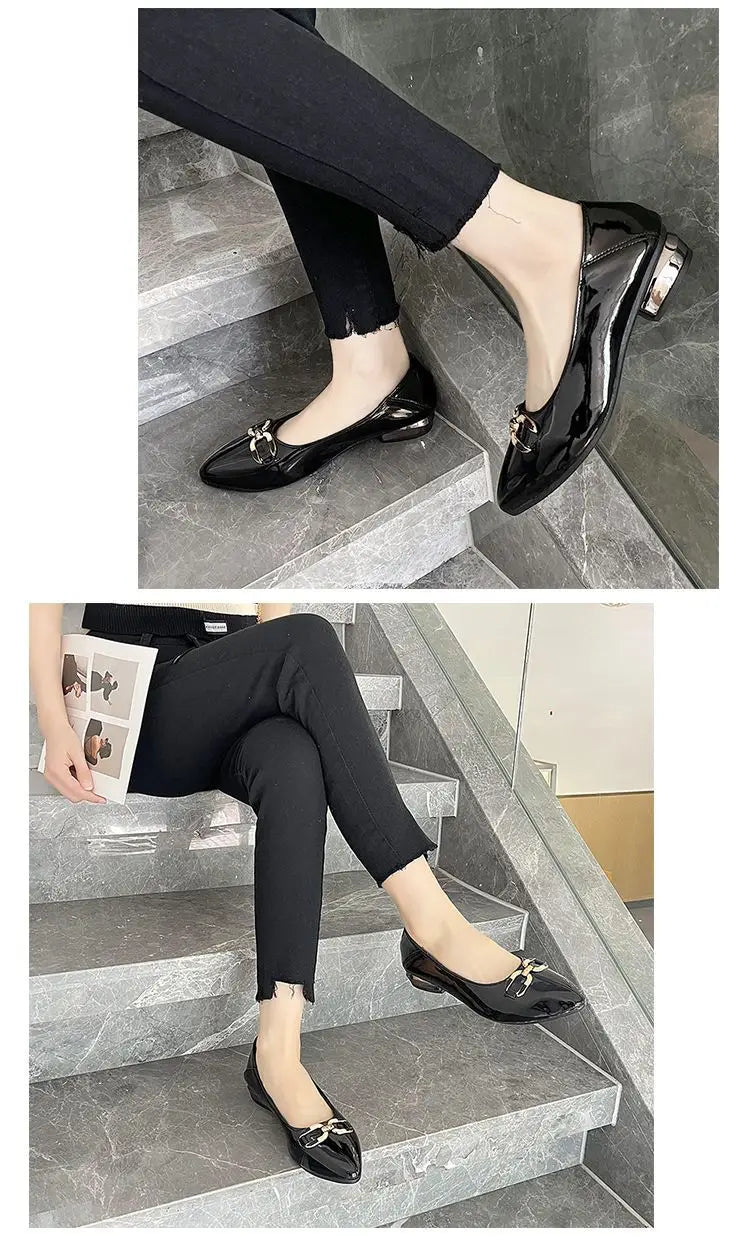 Shoes for Women Fashion Pointed Toe Patent Leather Low Heel Single Shoes Lady Slip on Classic Comfort Office Shoes Zapatos Mujer