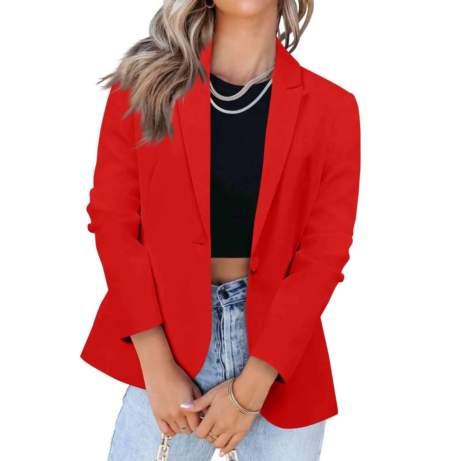 Casual Suit Jacket for Women Fashion Solid Color Long-sleeved Suit Collar Blazer Business Casual Single-button Cardigan Jacket