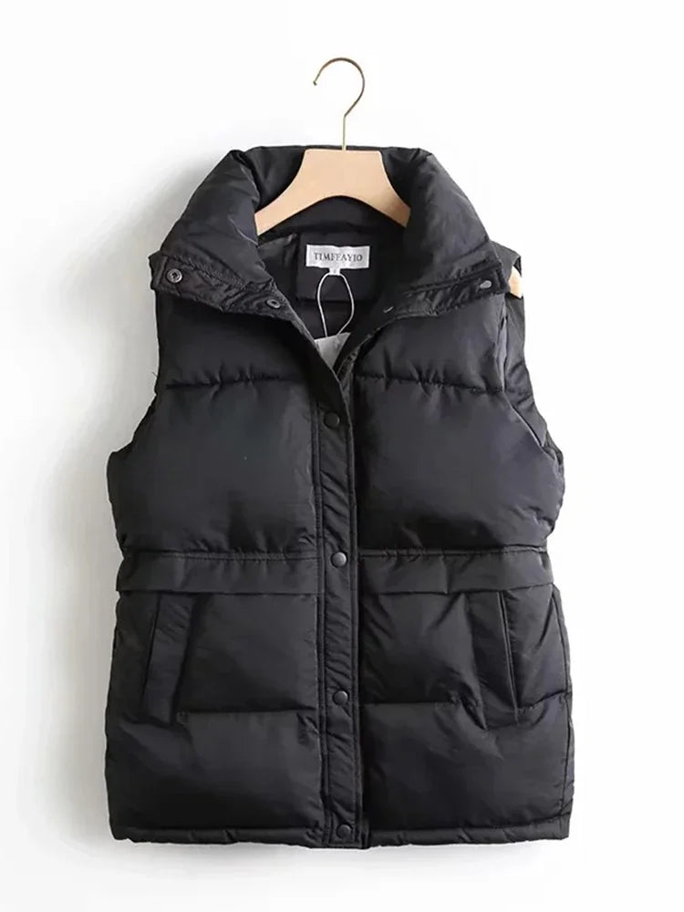 Winter Women Solid Loose Vest Fashion Drawstring Stand Collar Long Vest Jacket  Cotton Padded Women Windproof Warm Waistcoat