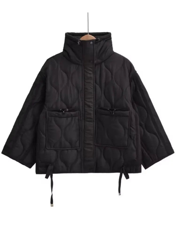 Quilted coat for women ETJ 2024traf QUILTED JACKET WITH TIES new beige drawstring high neck pocket clip cotton jacket for women