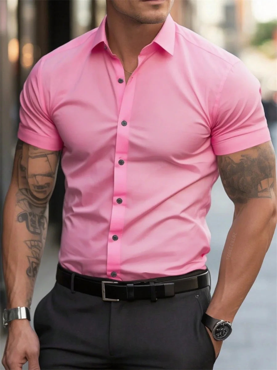 Men's short-sleeved shirts for casual daily wear. Large men's summer slim, light, elastic and iron-free business shirts