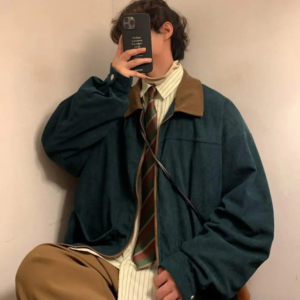 Men Jacket Stylish Men's Corduroy Patchwork Jacket with Full Zipper Placket Lapel Coat Outwear for Fall Winter Corduroy Outwear