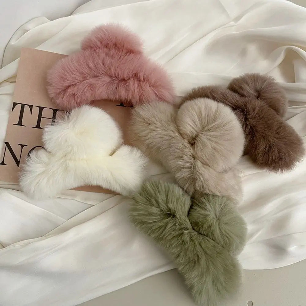 Autumn Winter Headwear Pure Color Rabbit Fur Female Hair Accessories Korean Style Hair Clip Leopard Grasp Clip Plush Hair Claw