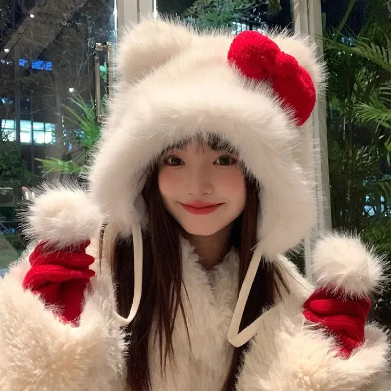 Korean Autumn Winter Cute White Cat Red Bow Plush Hat Girls Fashion Warm Hats Anti-freeze Ear Caps Outdoor for Women Gifts