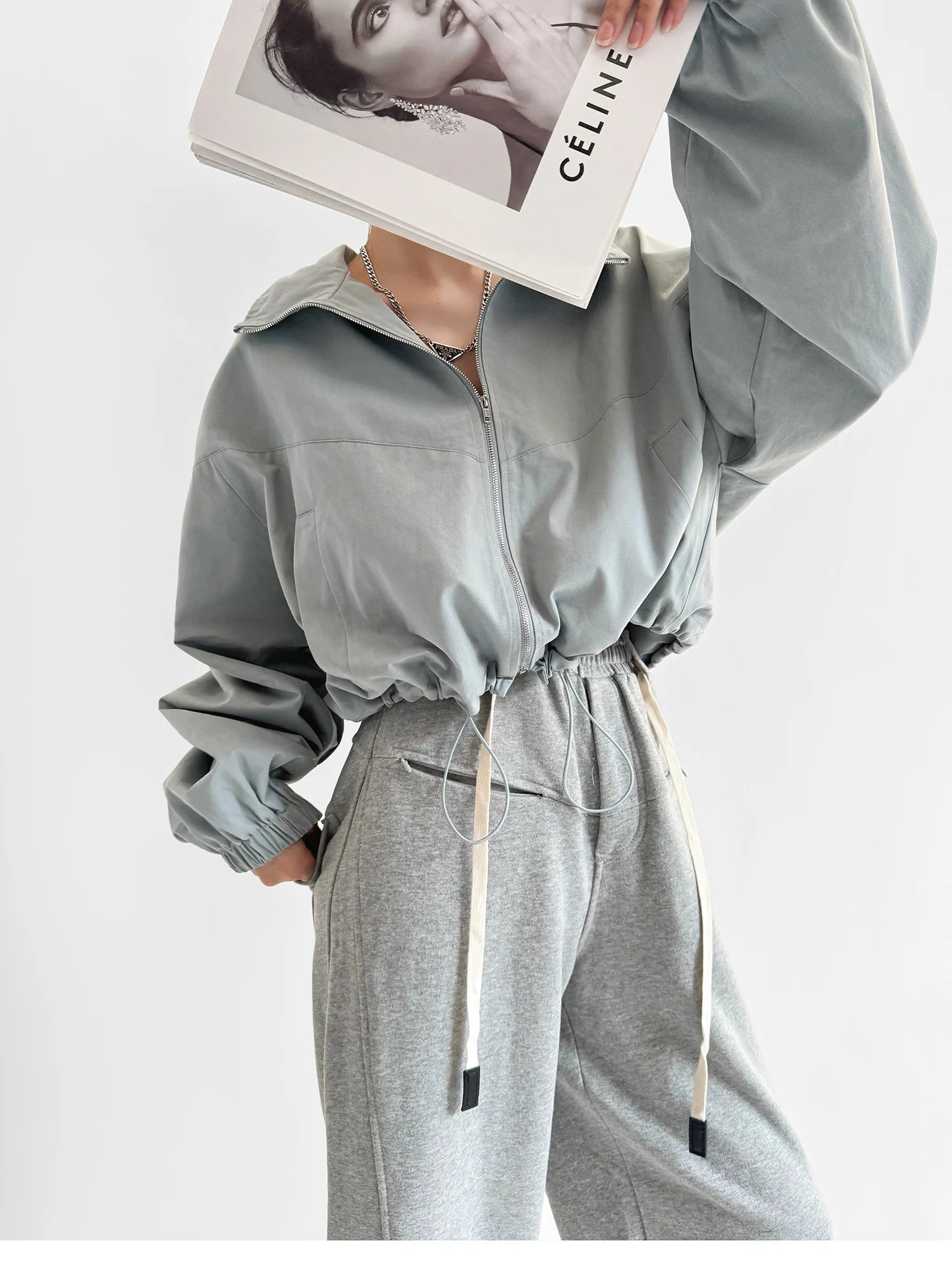 Women's Cropped Utility Jacket - Drop Shoulder Drawstring Hem Ribbed Cuffs Lightweight Cotton