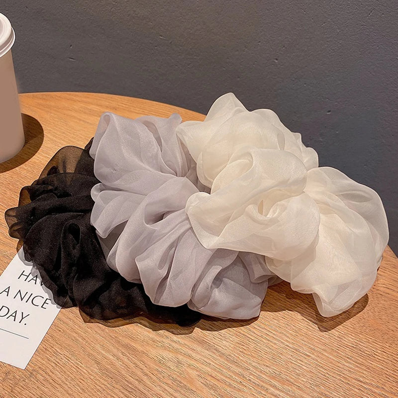 New Woman Large Solid Color Chiffon Scrunchies Elegant Women Mesh Rubber Band Black Beige Pink Ponytail Holders Hair Accessories