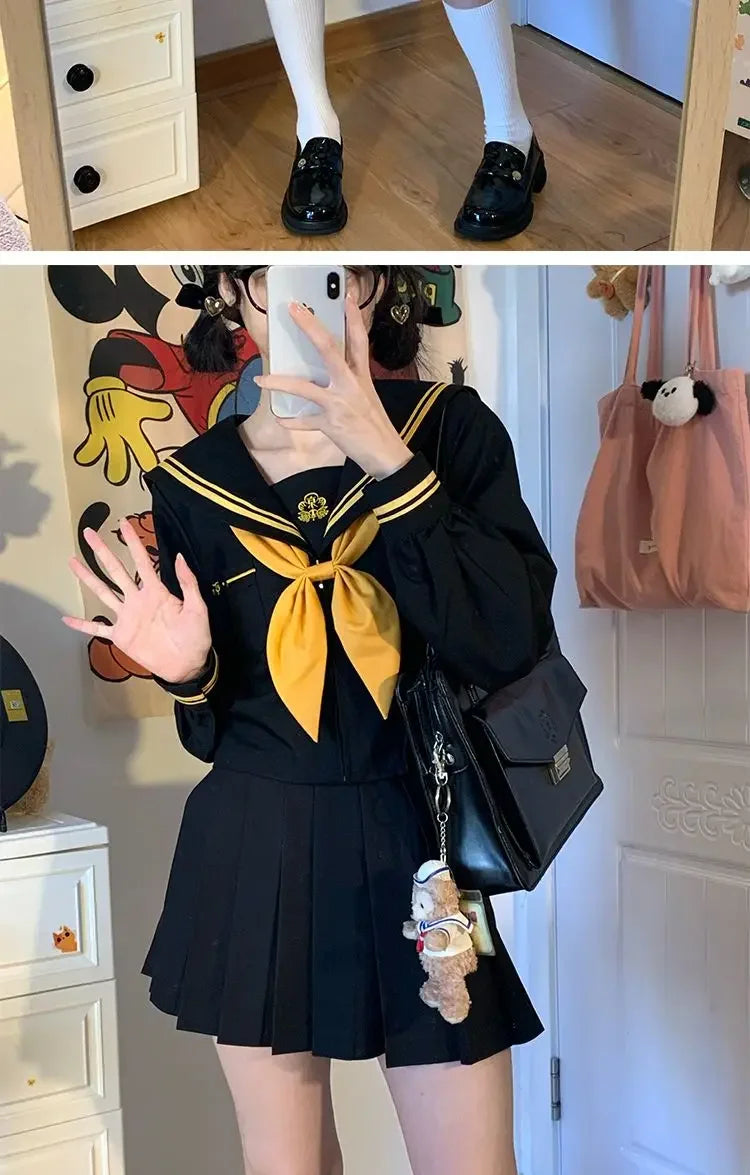 Japanese School Uniform Girls Plus Size Jk Suit Role Play High School Yellow Tie Black Basic Sailor Suit Female Long Sleeve Suit