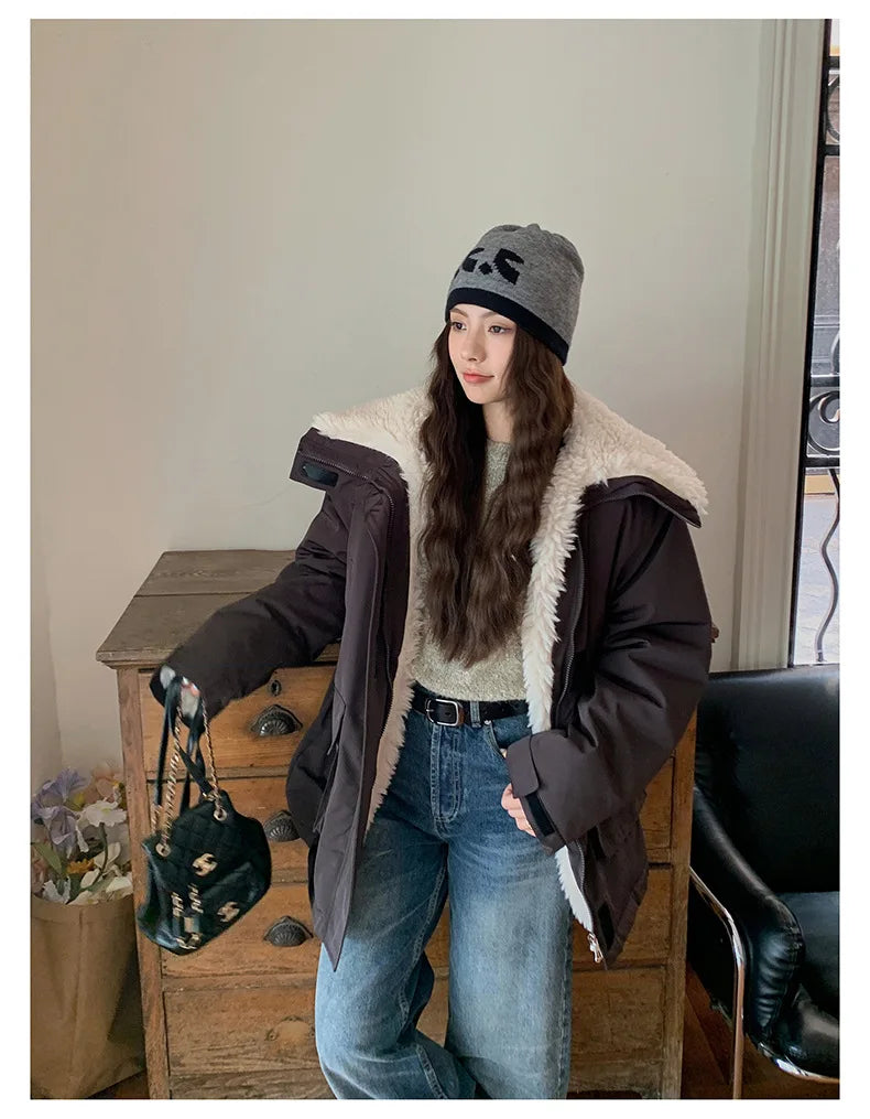 Women Parkas Short Coats Jackets Turn Down Collar Thick Warm Y2k Streetwear Elegant Jacket Work Coat Autumn Winter 2025
