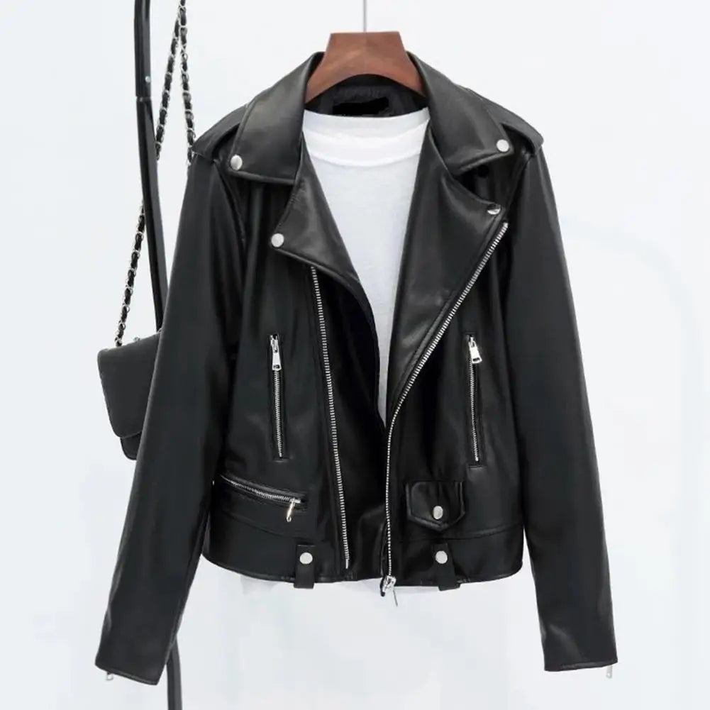 Women Jacket Faux Leather Turn-down Collar Zip-up Zipper jackets Long Sleeves Motorcycle Jacket Coat Travel Motor Outerwear