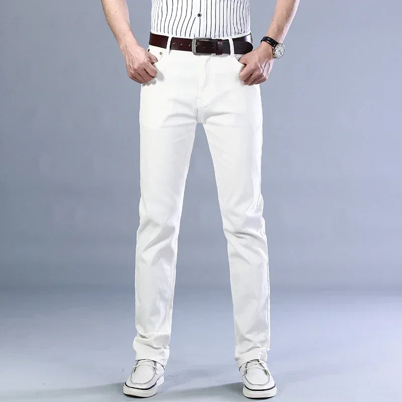Men's Jeans Pure White Fashion Elastic Slim Youth Slimming Straight Leg Male Pants Business Casual Middle Age High End Trousers
