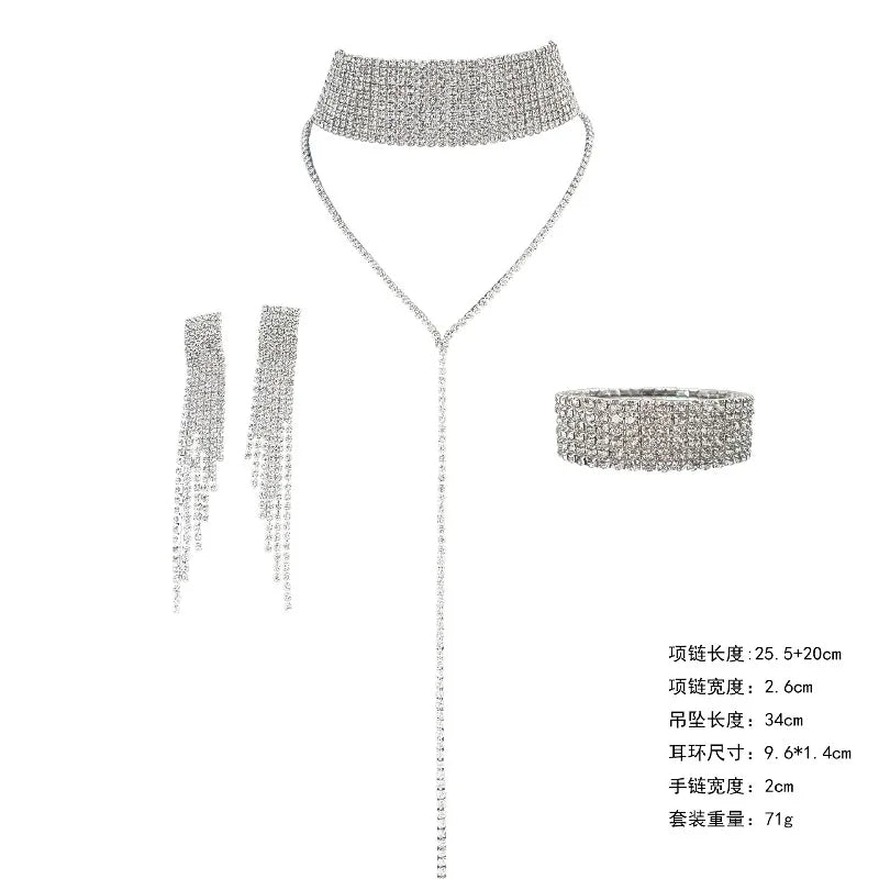 Necklace, earring, bracelet, three piece set for women, fashionable and sexy necklace, tassel earrings, sparkling accessories