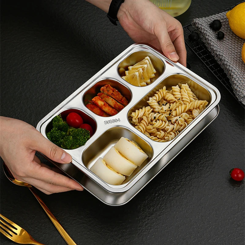 Kitchen Stainless Steel Divided Dinner Storage Tray Thickened Compartment Plates for Food Serving Organization Lunch Container