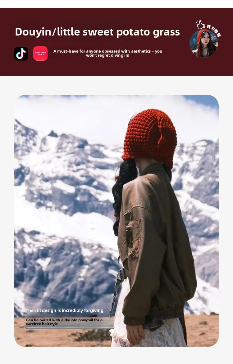 Winter Travel Red Hollow Knit Beanie Fashion Hat with Tassel Tie for Women Cold Weather Accessory