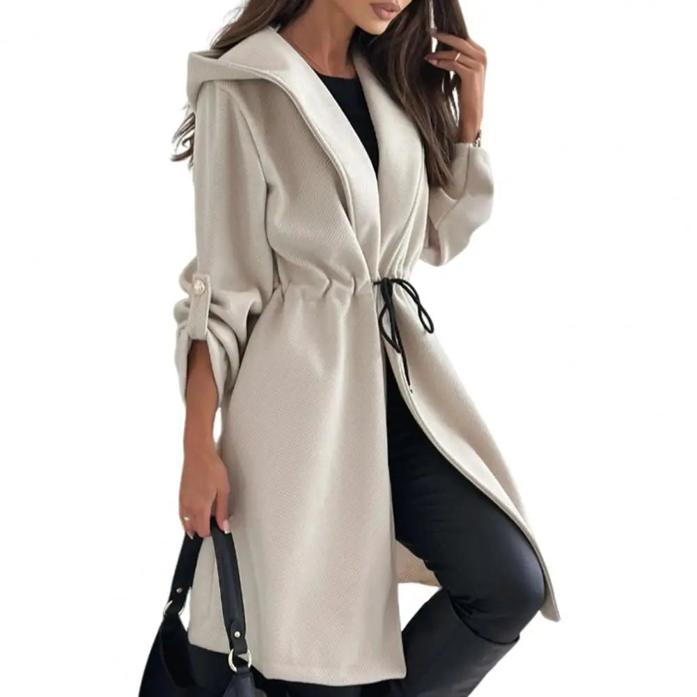 Women Loose Fit Jacket Stylish Hooded Winter Coat with Drawstring Waist Cufflinks for Women Warm Mid-length for Commuting