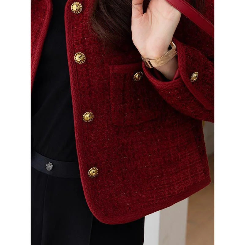 Wine red Coat Women Xiaoxiangfeng Jacket  Autumn and Winter New Short Jackets Elegant Women's Top