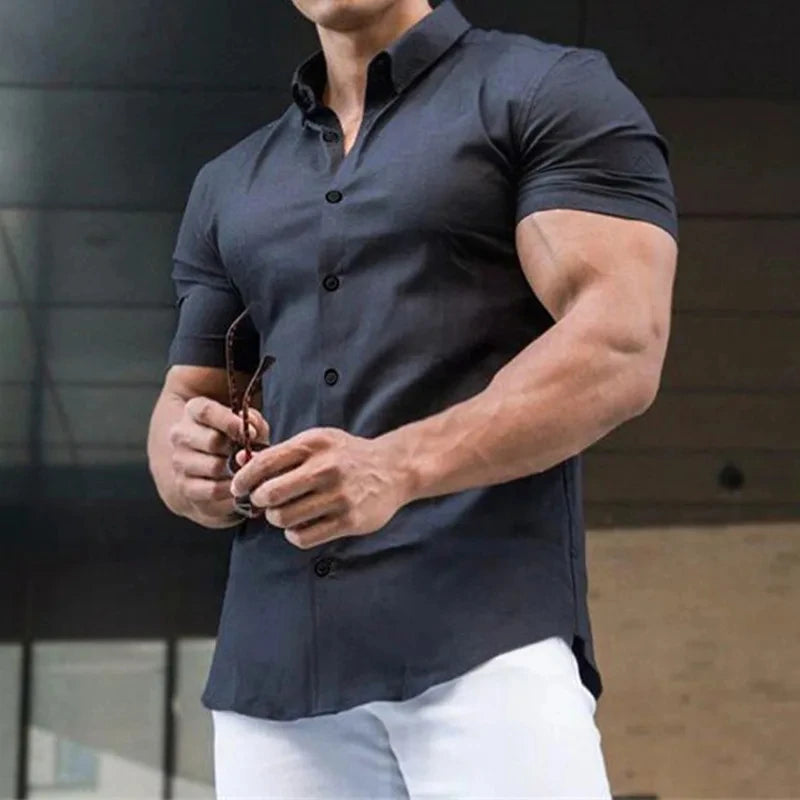 Men's Single-breasted Shirt Casual Cardigan Short-sleeved Lapel Shirt Slim-fit Elastic Sports Fitness Solid Color New Summer