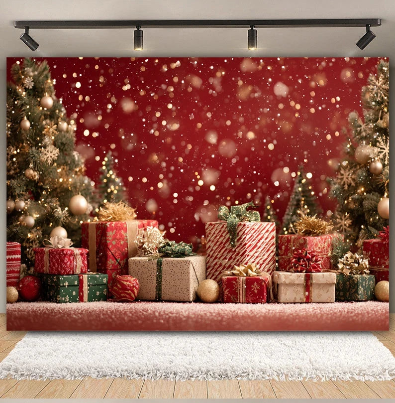 Christmas Day Decor Backdrop for Photography Xmas Tree Red Room Wall Glitter Gift Family Holiday Portrait Decor Photo Background
