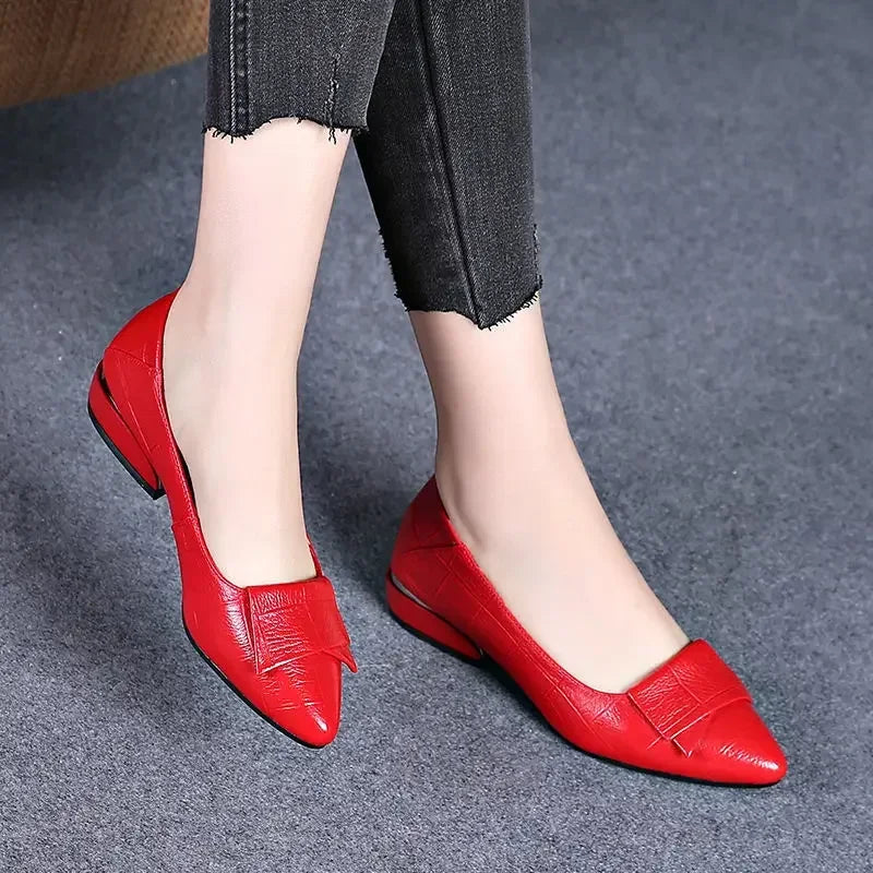Shoe Women's 2024 New Spring and Autumn Shallow Cut Thick Heel Pointed Toe Women's Shoes Soft Leather Soft Sole Shoes Work Shoes