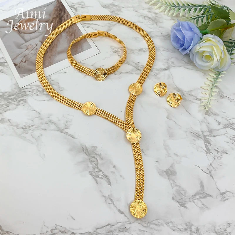 Dubai Jewelry Set for Women Chunky Long Chain Necklace Earrings Bracelet Gold Plated Fashion Jewellery for Party Wedding Gifts