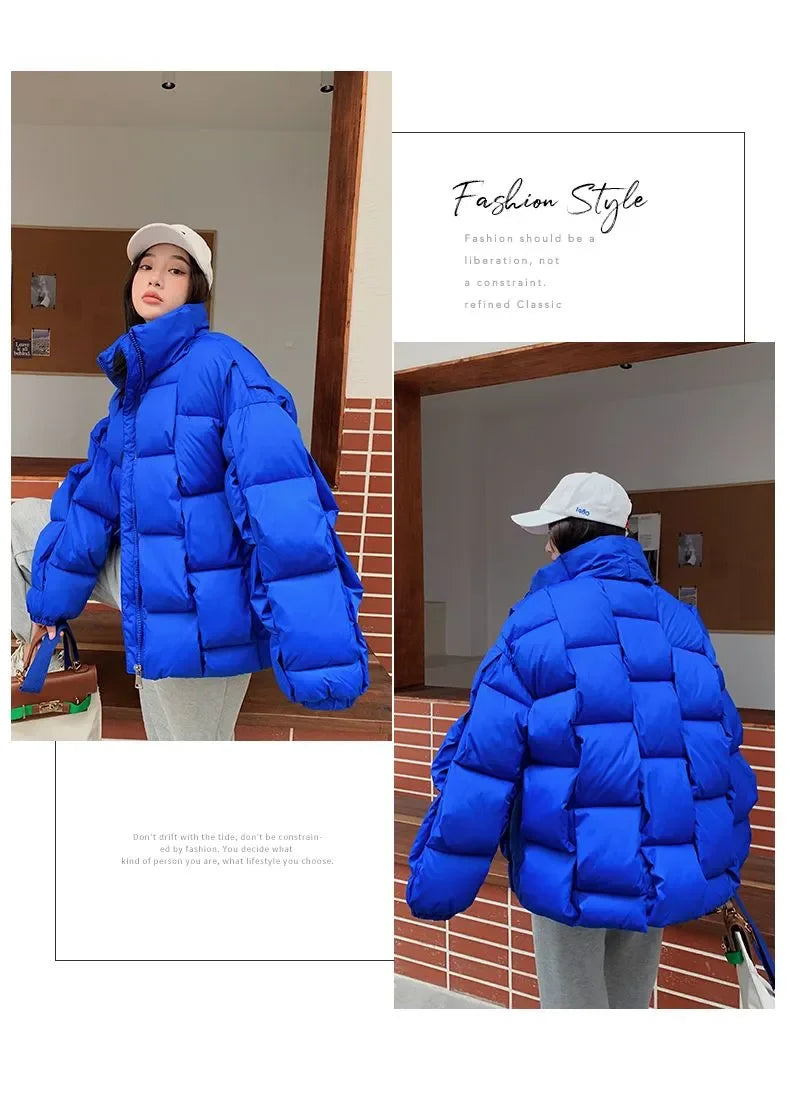 Winter Jacket for Women Three-dimensional Plaid Woven Fashion Coat Solid High Street Warm and Thick 2023 Winter New Down Jacket