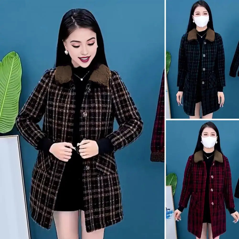 Women Plaid Coat Checkered Winter Mother Jacket Pockets Turn-down Collar Single-breasted Mid Length Overcoat Mid-aged Women Coat