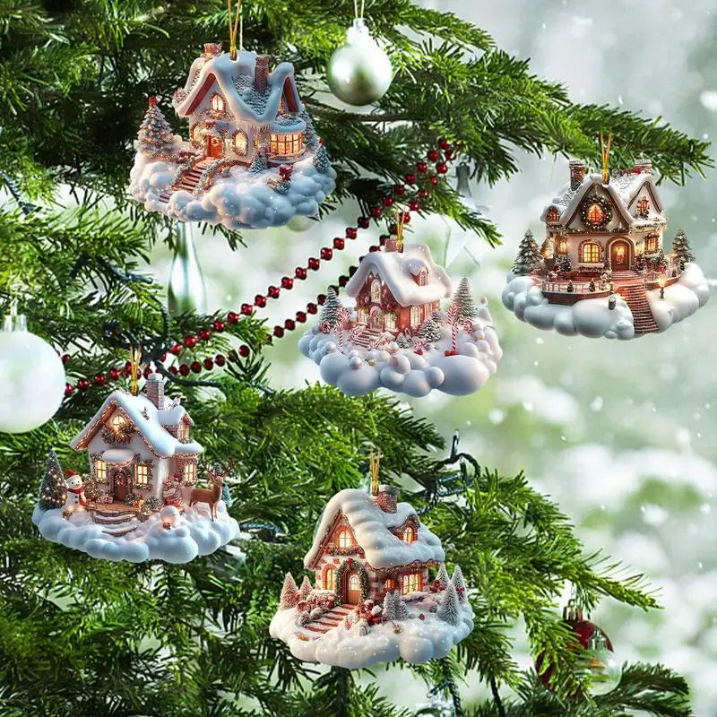 Christmas Small Village House Pendant Creative Winter Snow House Xmas Tree Hanging Ornament 2025New Year Gift Home holiday Decor