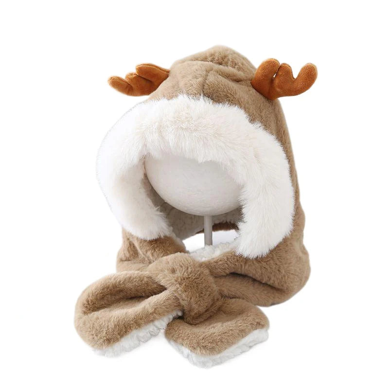 Winter Kids Hat for Boy Girl Cartoon Deer Antler Scarf One-Piece Faux Fur Baby Bonnet Thicken Infant Earflap Cute Christmas Gift