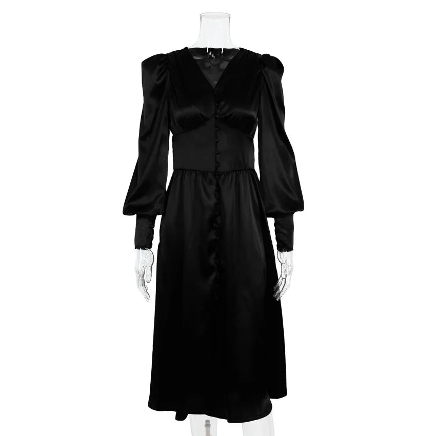 Autumn and Winter Women's Long Dress V-neck Satin Waist Retro Dresses for Women