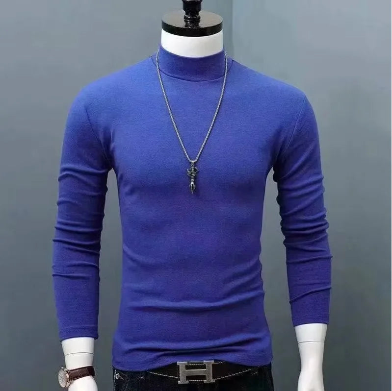 Men's high-neck T-shirt for autumn and winter 2025, slim-fitting, fashionable, high-elasticity, long-sleeved, cotton, casual, br