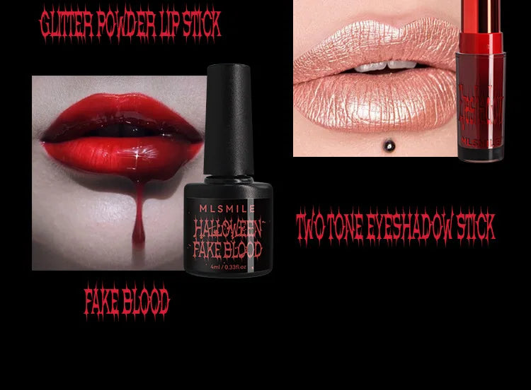 MLSMILE Halloween Makeup Set Eyeshadow Glitter Lip Glaze Fake Blood Wearing Armor 4pcs/set Festive Set Trick or Treat Cosmetics