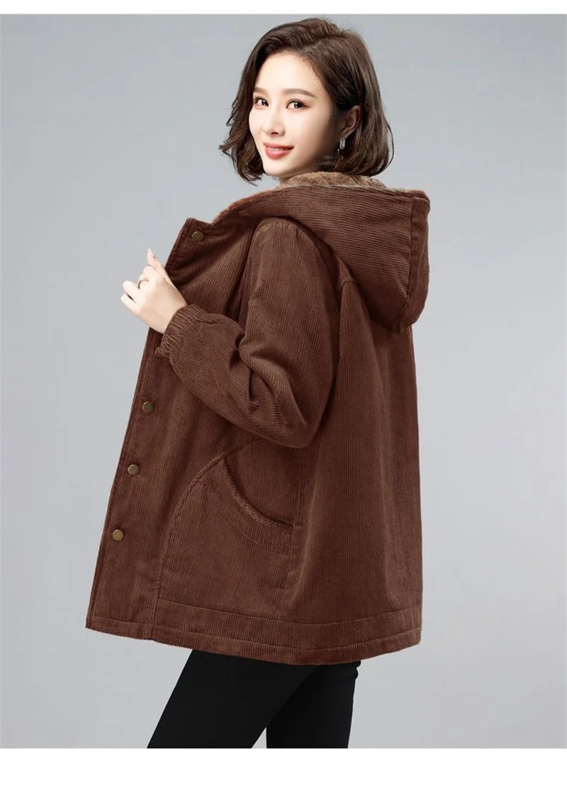 Women Corduroy Jackets 2025 New Autumn Winter Solid Loose Coat Female Casual Middle-Aged Plus Velvet Warm Hooded Ladies Overcoat