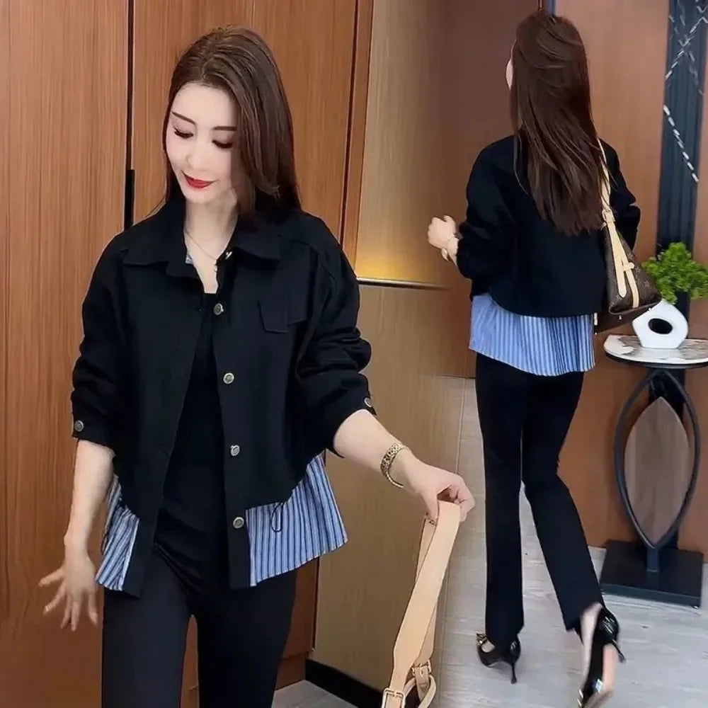 Jacket for Women Splicing Coats Woman Short Loose Long Sleeve Luxury Cheap New in Outerwears Clothing Promotion 2025 Trend Offer