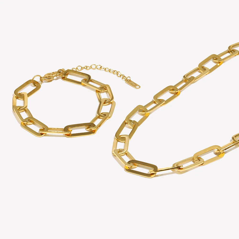 E.B.belle Chunky Paper Clip Chain Necklace Bracelet Jewerly Set Ladies New 18K Gold Plated Stainless Steel Chain Necklace