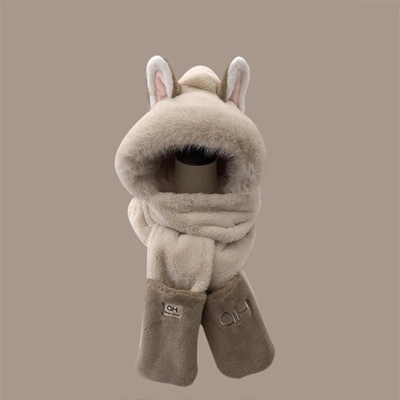 Winter Ears Warm Furry Skiing Scarf Gloves One-piece Hat Children