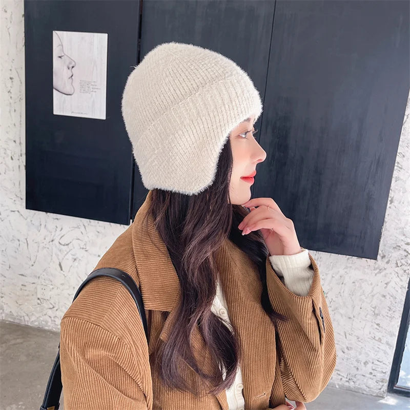Winter Women Earflap caps Snowflake knitted hats Ear protection hats  Adult Ladies casual mohair beanie cap Gorros