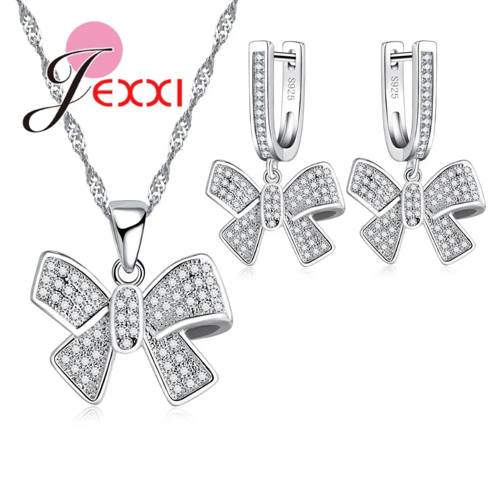 Classic Women Tow Tie Jewelry Sets Full Rhinestone Zircon Statement Necklace Earrings 925 Sterling Silver Set Accessory