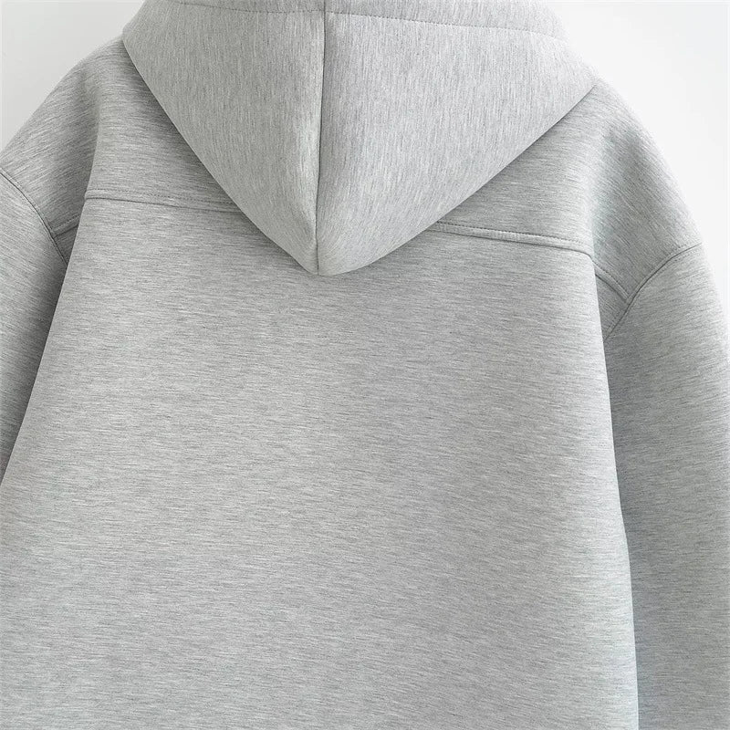 2025 Women Gray Jacket With Hood Long Sleeve Big Pocket Zipper Jacket Coat Woman Loose Casual Outerwear Coat Tops