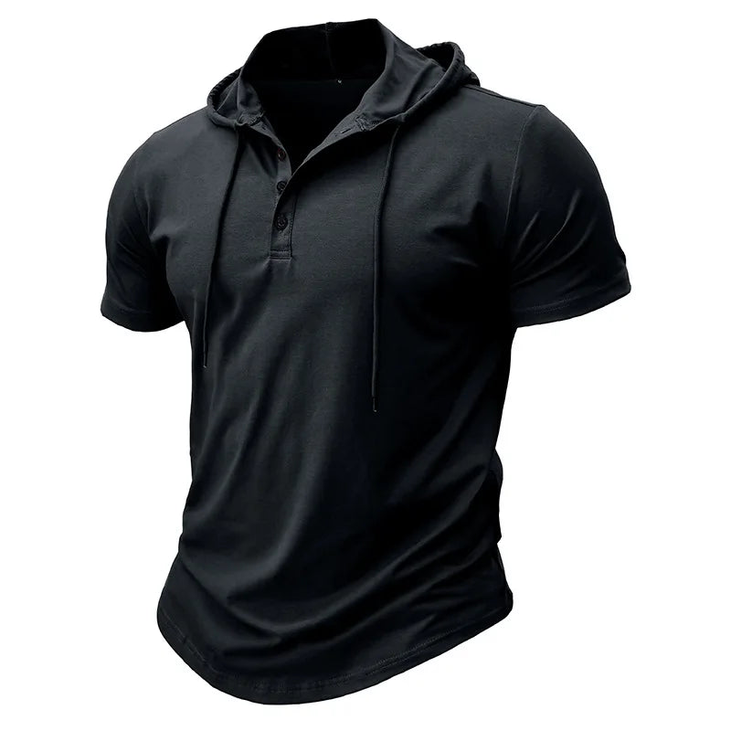 Men's Short-sleeved T-shirts for Sports and Fitness American-style Henley Shirt Hooded Top